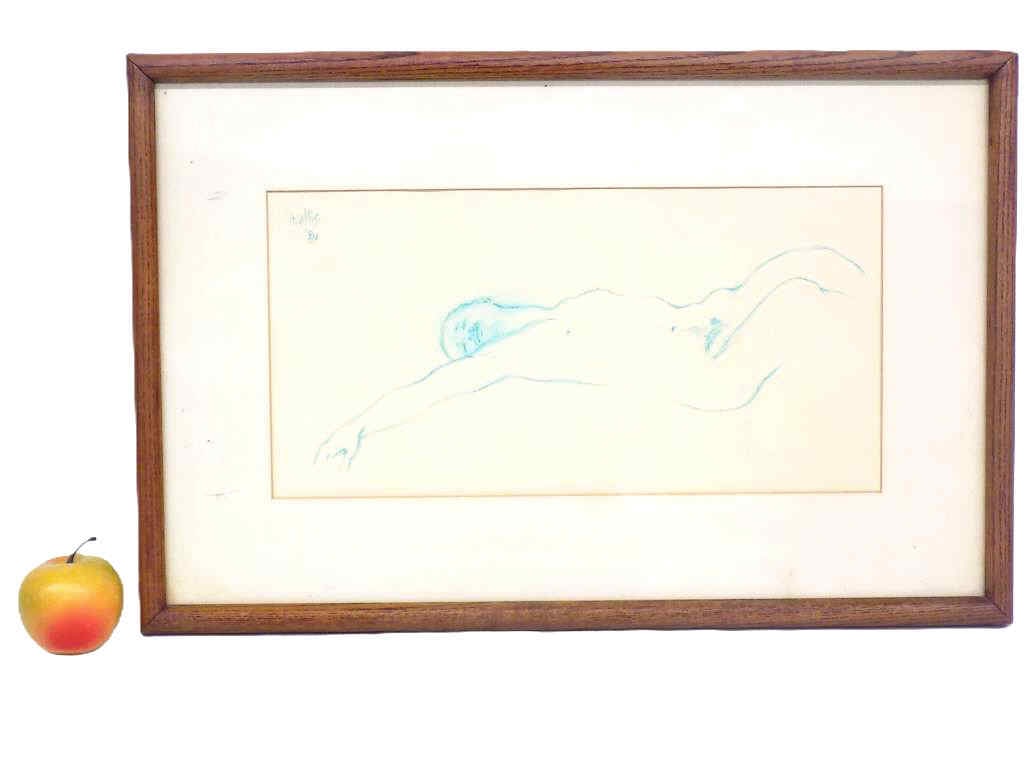 WALLIS - NUDE MALE STUDY CRAYON DRAWING: Wallis - American 20th Century - Nude Male Study Drawing. Blue Artist Crayon on paper. Signed and Dated Upper Right. Oak Frame Height 15" x Width 2" x Length 23" 3 lbs