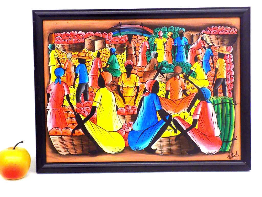 PAUL - VIBRANT HAITIAN GATHERERS PAINTING: Paul - Haitian 20th Century - Vibrant Haitian Fruit Gatherers Painting. Signed Paul Haiti Lower Right. Oil on Canvas. Wood Frame Height 13" x Width 1" x Length 17.25" 1 lb