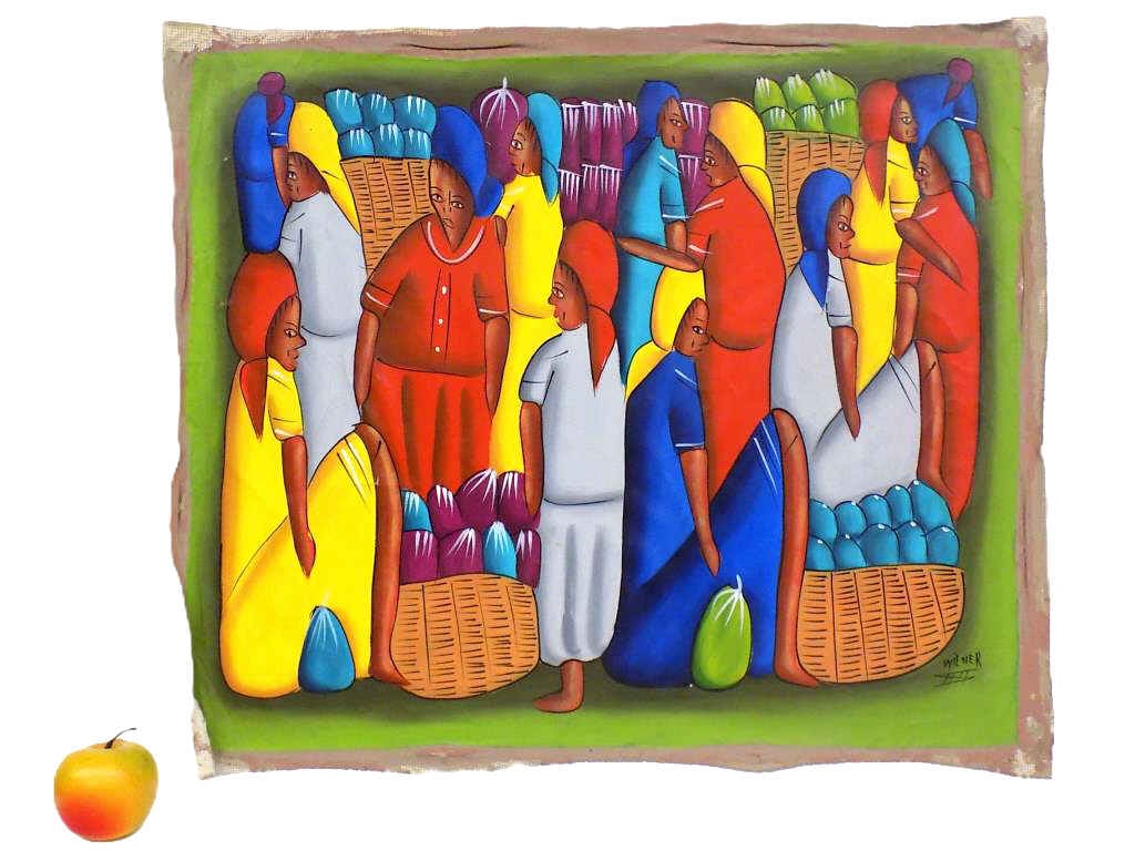 WILNER - HAITIAN WORKERS FOLK ART PAINTING: Wilner Haitian 20th Century - Large Haitian Workers Folk Art Painting. Oil on Canvas. Signed Lower Right. Unstretched. Height 21" x Width 1" x Length 25" 1 lb
