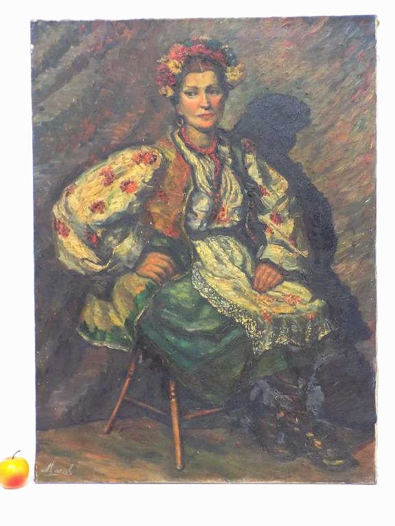 MARCEL - EUROPEAN LADY PORTRAIT PAINTING: Marcel - Circa 1940's Realist Portrait Painting of a Seated European Lady. Oil on Canvas. Signed Lower Left. Height 38" x Width 1" x Length 28" 4 lbs