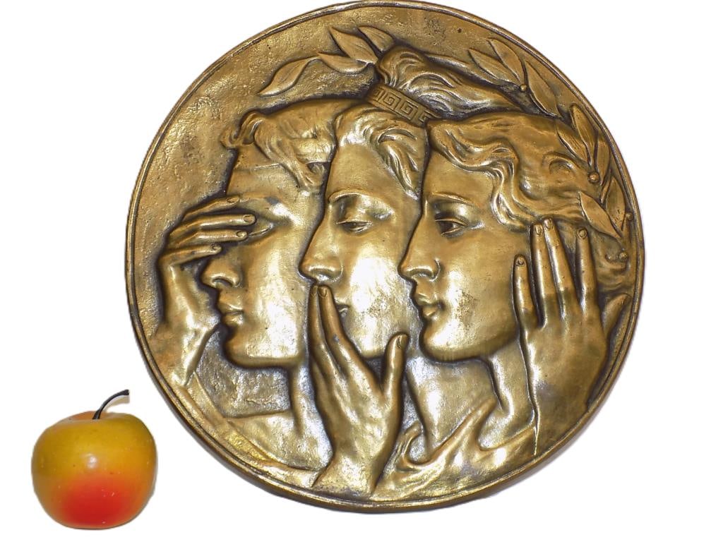 BIG NO EVIL GODDESSES GILT BRONZE PLAQUE 12" x 12": Big Goddesses Gilt Bronze Plaque. Depicting The See No Evil, Speak No Evil, Hear No Evil Proverb. Height 12" x Width 1" x Length 12" 5 lbs