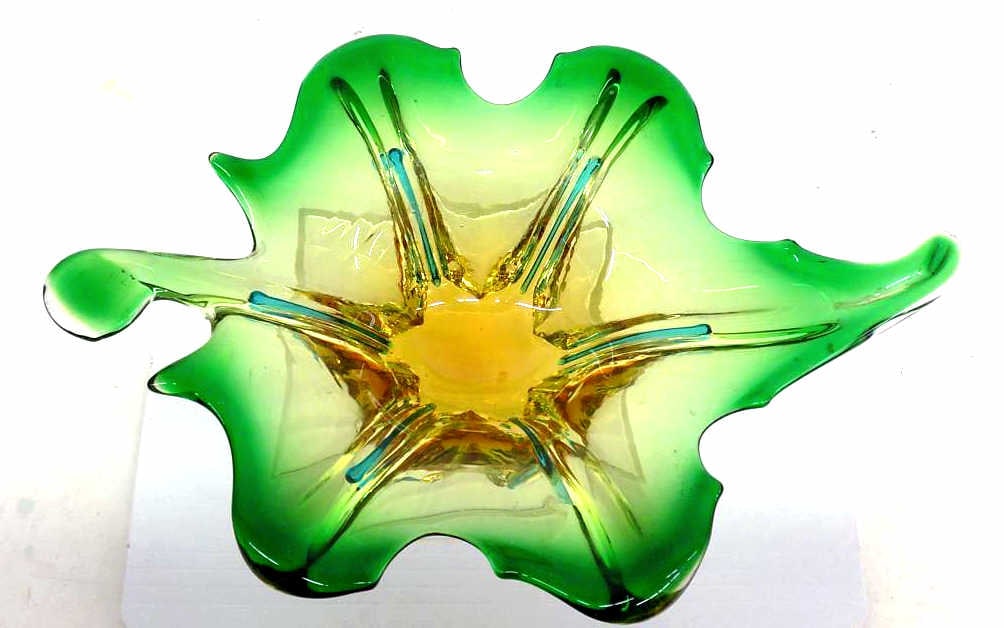 MODERNIST MURANO ART GLASS BOWL: Modernist Murano Art Glass Bowl. Green and Gold Leaf Form. Height 4" x Width 10" x Length 14" 3 lbs