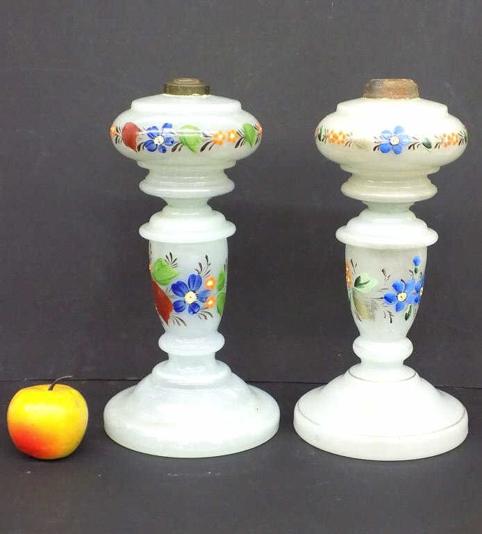 19TH CENTURY FRENCH OPALINE GLASS OIL LAMPS: Pair 19th Century French Victorian Opaline Glass Oil Lamp. Hand Painted Enamel Floral Decoration. Height 12.50" x 6.50" x 6.50" each 10 lbs total weight