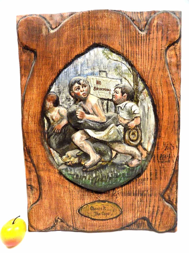 EDWARD KENNEDY SWIMMERS FOLK ART PLAQUE: Edward Kennedy American 20th Century - 1950's American Folk Art Plaque. Hand Relief Carved and Painted Pine Wood. Entitled Cheese It The Cops. Depicting Boys Near a No Swimming Sign Running Away. Sign