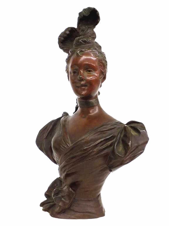 SYLVAN KINSBURGER - FRENCH VICTORIAN MAIDEN BRONZE: Sylvan Kinsburger France 1855-1935 - Antique French Victorian Maiden Bronze Bust. Signed Rear. White Alabaster Base. Height 9" Sylvan is a Famous French Sculptor whose works have been exhibited in Par
