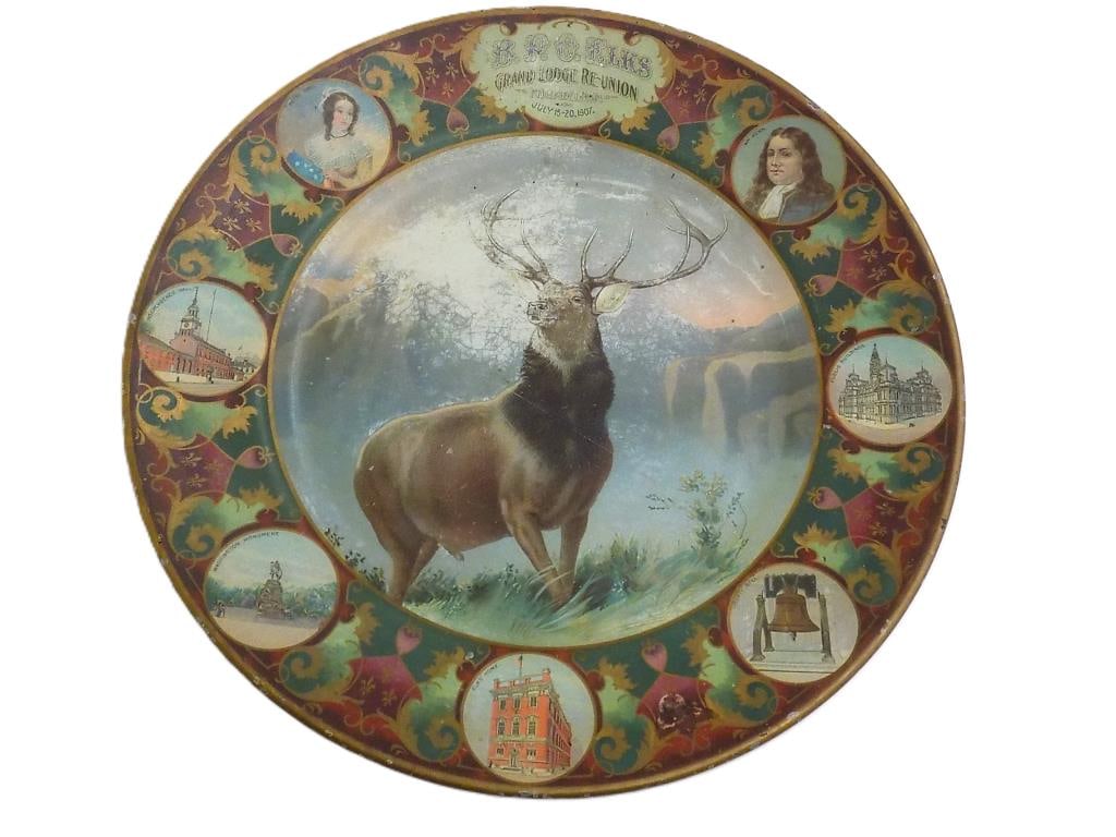 1907 ELKS GRAND LODGE REUNION PHILADELPHIA PLATE: Antique 1907 B.P.O. Elks Grand Lodge Reunion Philadelphia Plate. Tin Lithography with Vignette Border Scenes With Betsy Ross, William Penn, Public Buildings, Bronze Liberty Bell, Elk's Home with Ameri