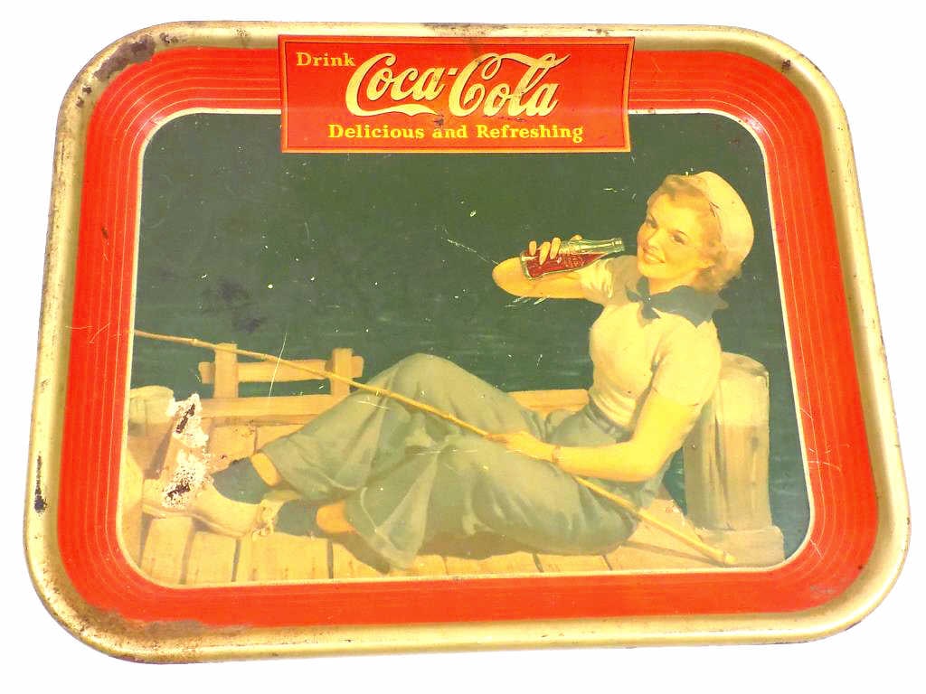 1940 COCA COLA GIRL ADVERTISING METAL TRAY: 1940 Drink Coca Cola Delicious and Refreshing Metal Tin Advertising Tray.. Depicting a Pretty Sailor Girl Fishing on a Dock. 10.50" x 13.25"