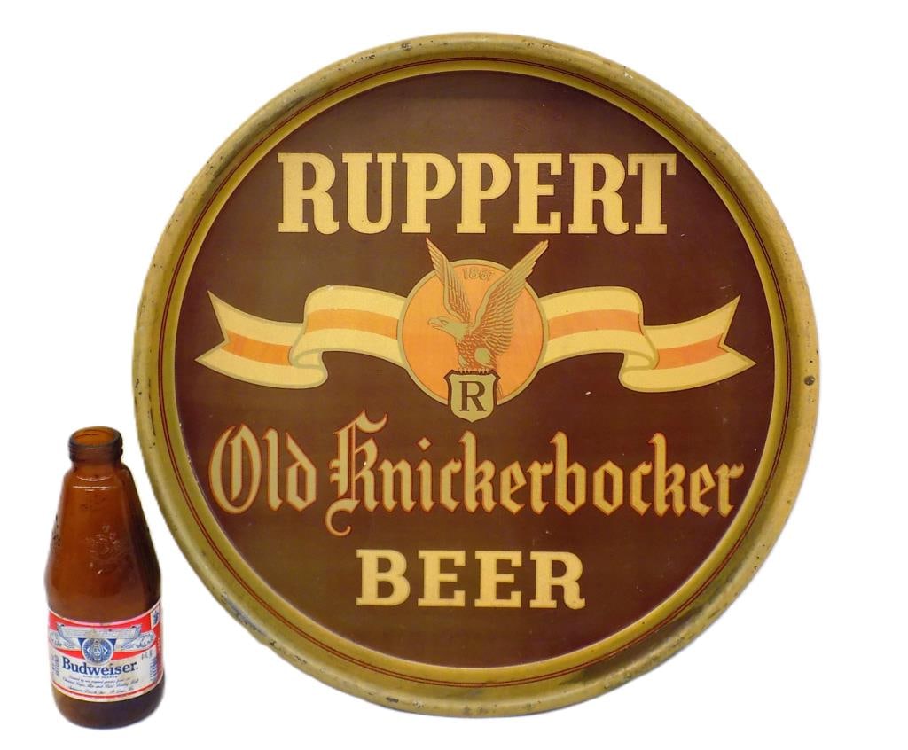 1940'S RUPPERT OLD KNICKERBOCKER BEER TRAY: Vintage 1940's Ruppert Old Knickerbocker Advertising Beer Tray. Featuring 1867 Winged Eagle Logo. Tin Metal wth Color Graphics. Large Diameter 13.50" Very good example.