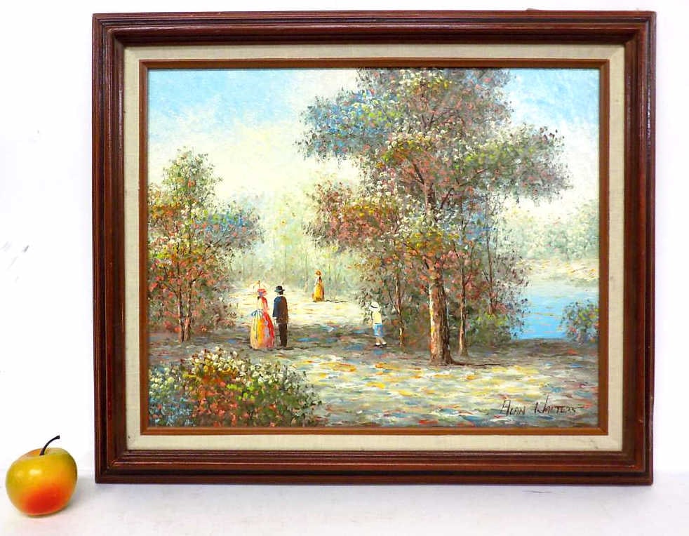 ALAN WALTERS - VICTORIAN LANDSCAPE PAINTING: Alan Walters American 20th Century - Elegant Victorian Scene Painting. Depicting Figures in a Landscape. Oil on Canvas. Signed Lower Right. 20.50" x 24.50"