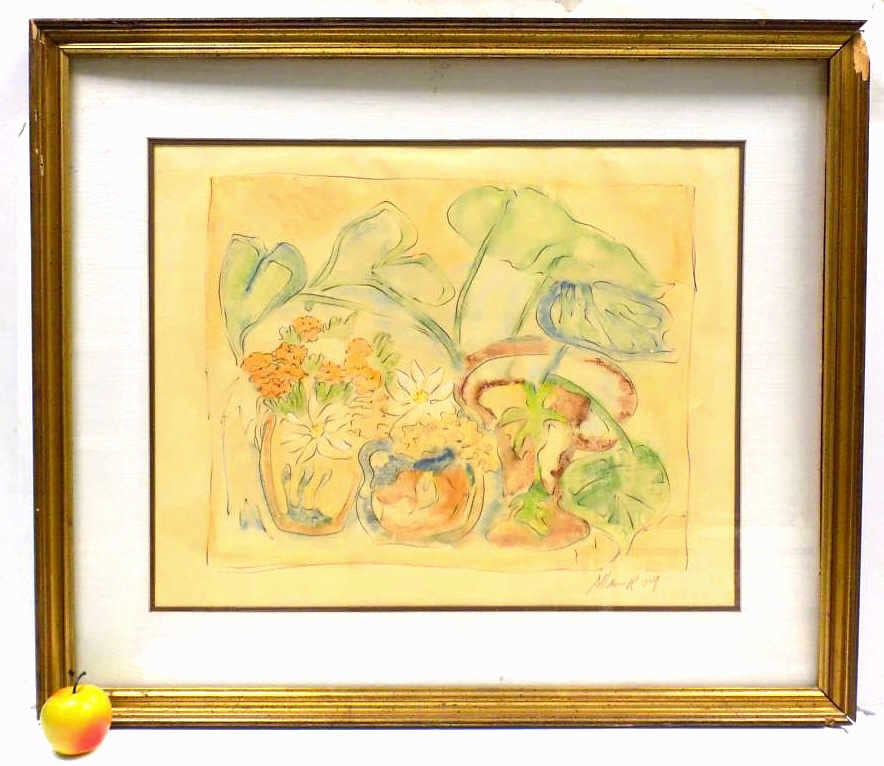 ALLAINER - FLOWERS STILL LIFE WATERCOLOR: Judith Allainer American 20th Century - Large Still Life Watercolor of Flowers. Signed Lower Right. 28.50" x 33.50" Gilt Wood Frame. Provenance: From a Private New York Estate.