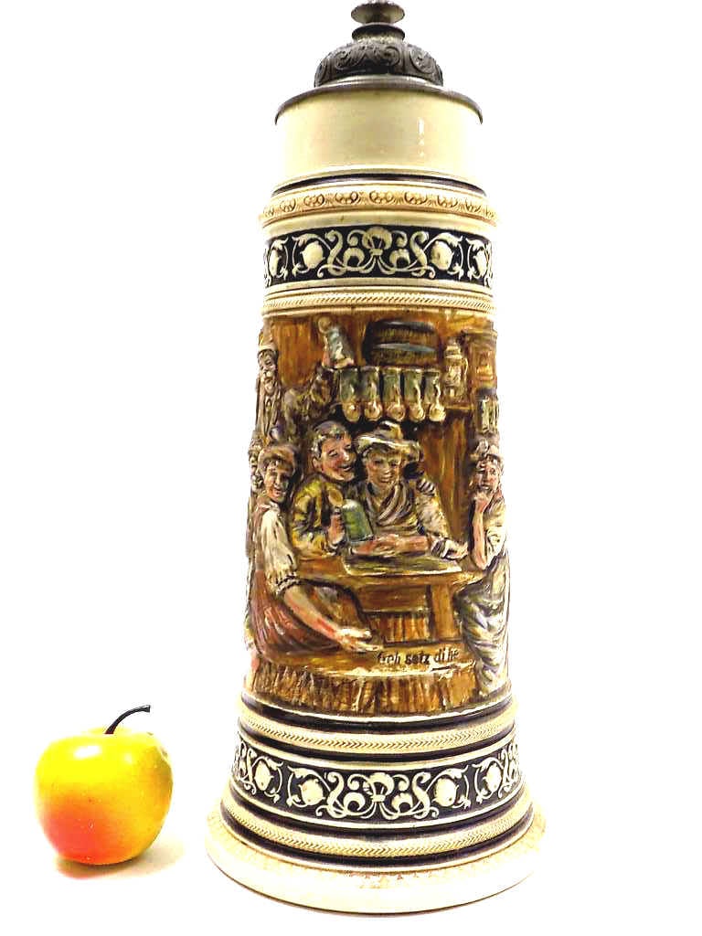 BIG 3 LITER GERMAN TAVERN SCENE BEER STEIN TANKARD: Big Antique German Pottery Tavern Scene Beer Stein Tankard. Saying Reads: A Cool Drink, A Nice Woman, My Best Past Time. Elaborate Pewter Lid with Mytholocal Beast Head Thumb Piece. 3 Liter. Numbered