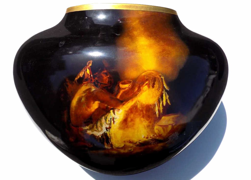 BUCK MCCAIN - SPIRIT OF THE WARRIOR INDIAN VASE: Buck McCain American b1943 California Arizona - Large Porcelain Vase with Custom Hammered Metal Display Base. Artwork Entitled Spirit of The Warrior with Indian by Campfire. Franklin Mint Certificate