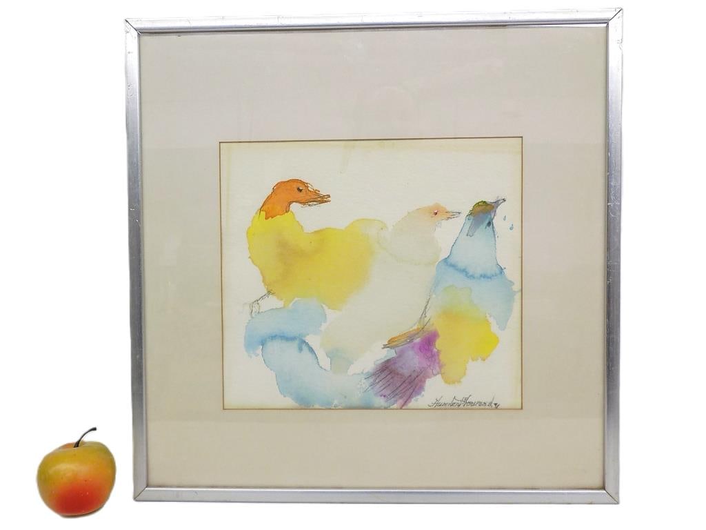 HUMBERT HOWARD - ABSTRACT BIRDS WATERCOLOR: Humbert Howard - 1905/15 - 1990 American New York Pennsylvania - Abstract Birds Watercolor Painting. 17.50" x 17.50" Silvered Wood Frame. Provenance: Prominent Pennsylvania Estate