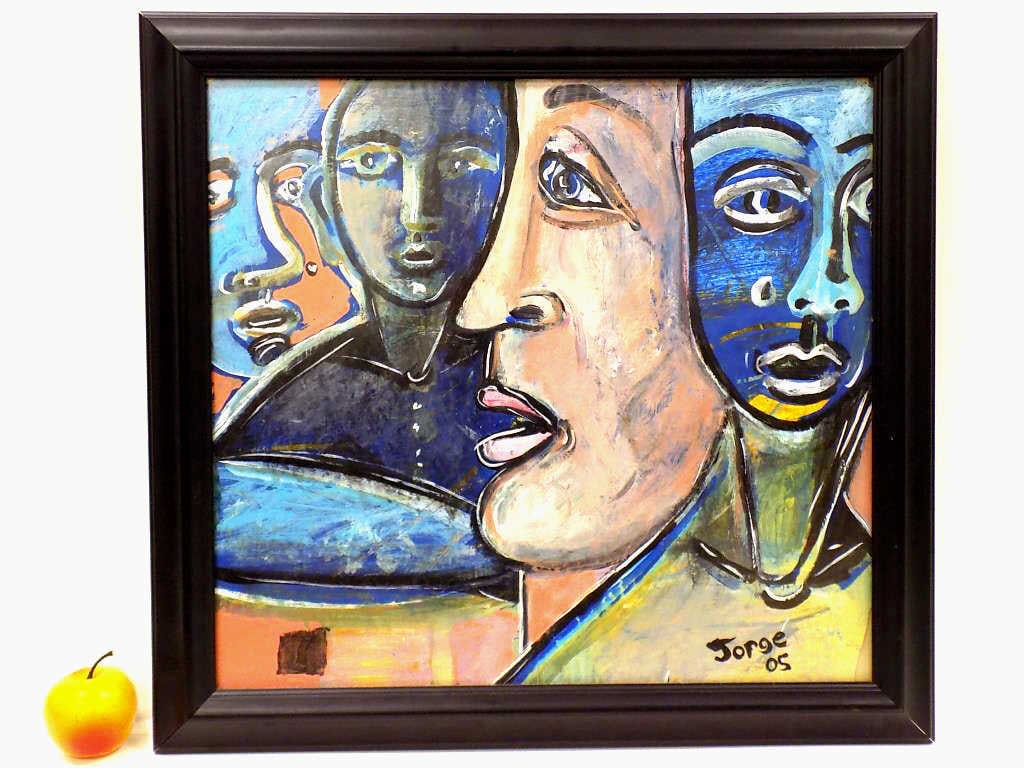 JORGE CERQUEIRA EXPRESSIONIST FIGURES PAINTING 22" x 24": Jorge Cerqueira - Brazilian B. 1949 - Expressionist Figures Acrylic Painting on Paper. Signed, Dated Lower Right. Framed Measurement 22" x 24" Artist Studied at School of Visual Arts at Parque Lages R