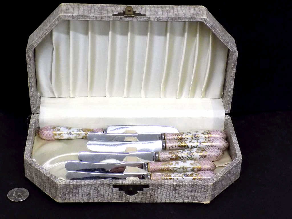 LEWIS & CO. SHEFFIELD FANCY PORCELAIN KNIVES SET: Antique Lewis & Co. Sheffield England Knives Set. Fancy Faux Lizard Skin Fitted Box with Complete Set Encased. Elegant Decorated Porcelain Handles with Pink, White and Gold Gilt Decoration. From a Pro