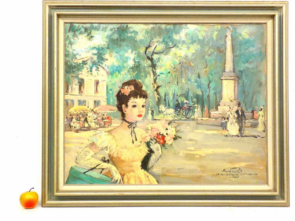 MAURICE RENARD - PARIS VILLAGE PAINTING: Maurice Renard - French 20th Century - Large Parisian Village Painting Depicting Beautiful Lady. Oil on Canvas. Artist Signed and Titled Le Bois De Boulogne A Cruis Catelan Paris. Fancy Silvered Wood