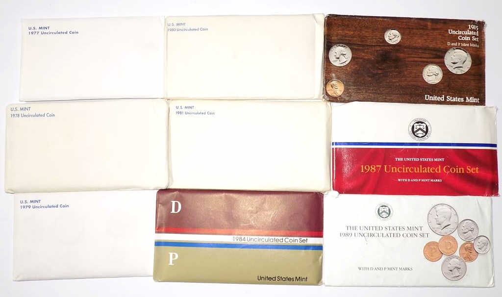 UNCIRCULATED COIN SET 1977 78 79 80 81 84 85 87 89: United States Denver & Philadelphia Mint Group of Uncirculated Coin Sets. Including: 1977, 1978, 1979, 1980, 1981, 1984, 1985, 1987, 1989