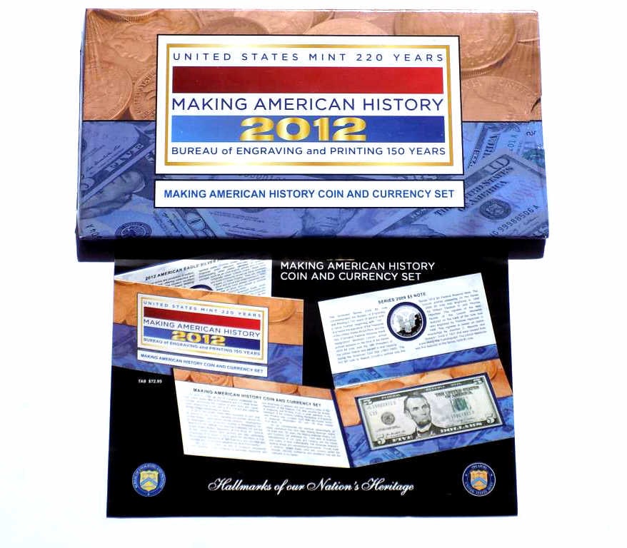 US MINT AMERICAN HISTORY COIN & CURRENCY SET: United States Mint 2012 Making American History Coin and Currency Set. Commemorates The Mint's 220th Year and The Bureau of Engraving and Printing's 150th Year of Service To Our Country. Features a 20