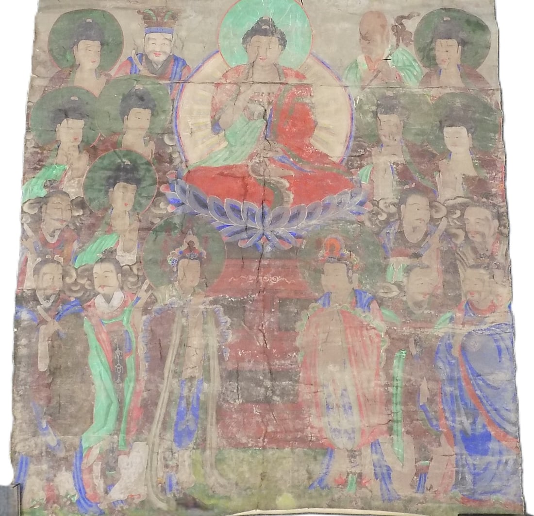 ASIAN BODHISATTVA BUDDHIST MYTHOLOGICAL PAINTING: Big Asian Korean Josean Dynasty Buddhist Mythological Temple Scroll Painting. Depicting Seated Bodhisattva Tejaprabha Shakyamuni Buddha Surrounded by Servants. Pigment Paint on canvas. 43.50" x 49" As