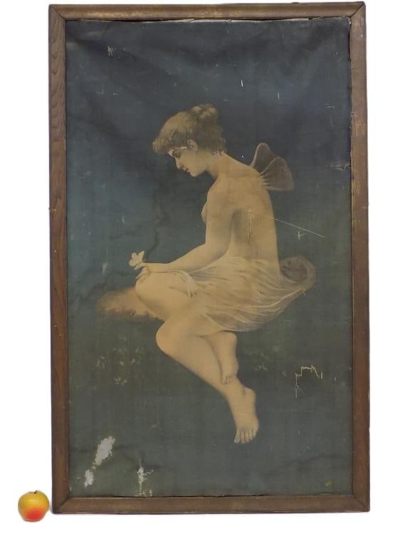 BIG NUDE FAIRY WITH BUTTERFLY PAINTING: Big Antique Nude Fairy with Butterfly Painting. Oak Wood Frame Height 45.50" x 2" x 28.25" 3 lbs As is, needs tlc
