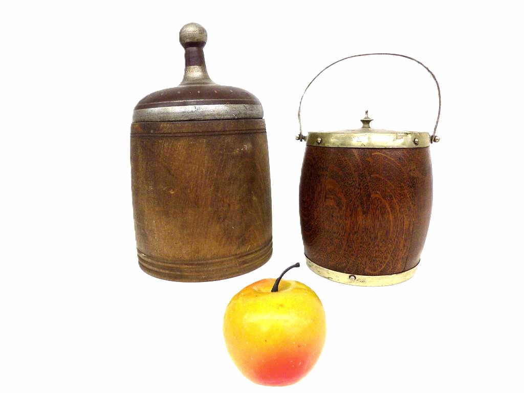 ANTIQUE DARK OAK BISCUIT BARREL & TEAK TOBACCO JAR (1 of 2)
