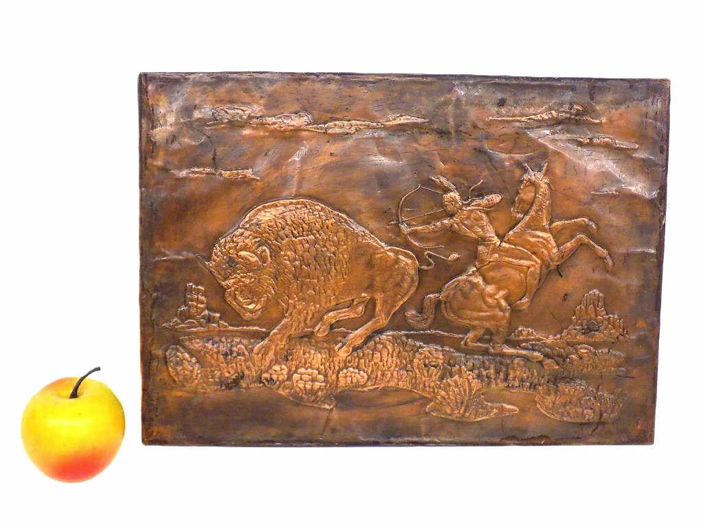 VINTAGE INDIAN BUFFALO HUNTER COPPER RELIEF PANEL (1 of 2)