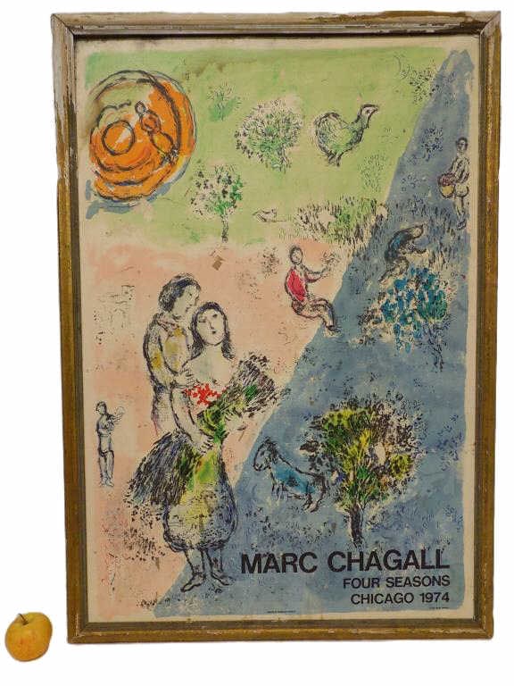 MOURLOT MARCH CHAGALL FOUR SEASONS POSTER: Big Vintage Mourlot France 1974 Marc Chagall Four Seasons Color Lithograph Exhibition Poster on Cardstock. Depicting Figures and Animals. Publisher Signed and Dated Lower Margin. Rustic Antique Frame