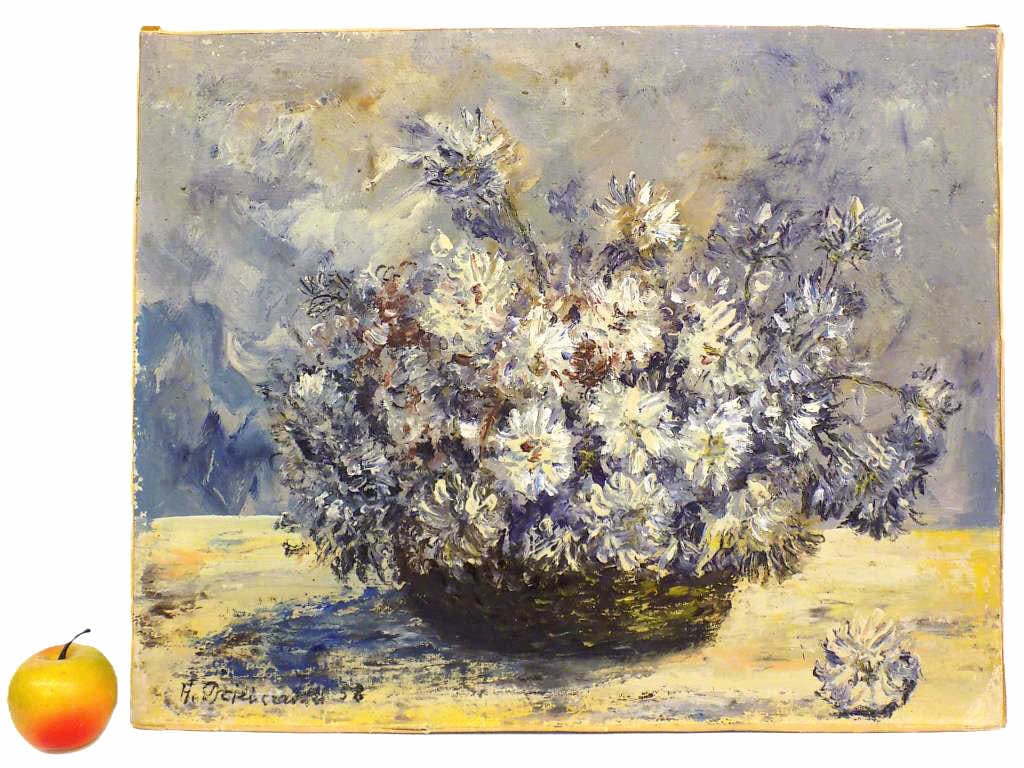 IMPRESSIONIST CHRYSANTHEMUMS PAINTING SIGNED ILLEG (1 of 3)