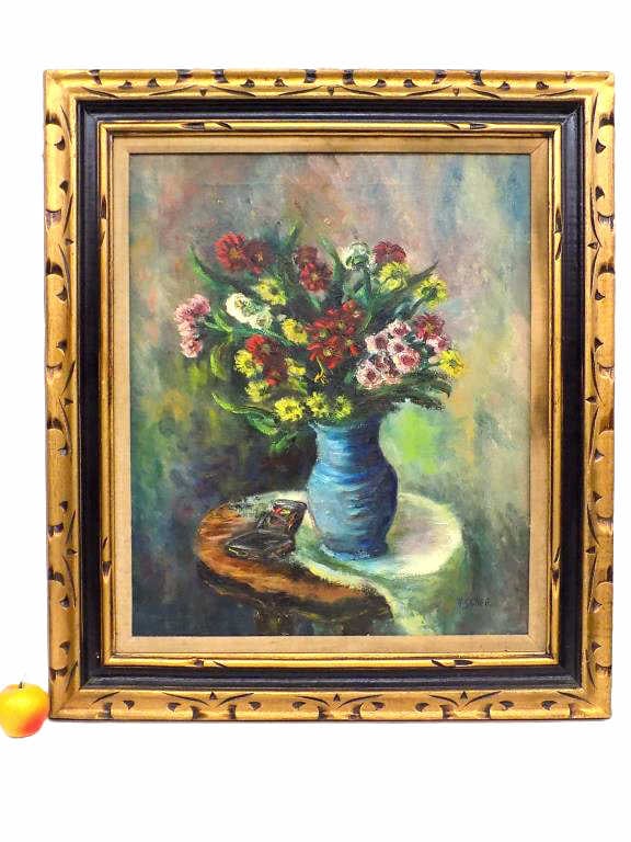SLAFF FLOWER BOUQUET STILL LIFE PAINTING 28" x 31": A. Slaff - Big Midcentury Abstract Table Still life of a Flower Bouquet in Vase. Oil on Canvas. Signed Lower Right. 20" x 24" Canvas Fancy Gold Gilt Frame 28" x 31.50" 10 lbs