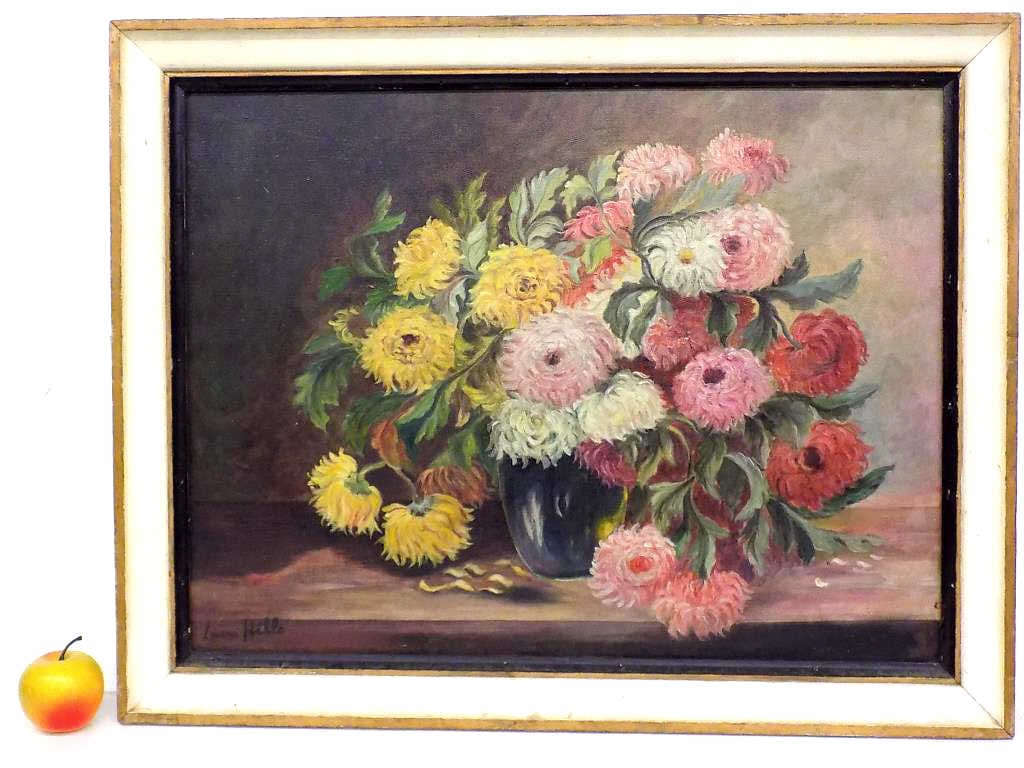 LAURA COOMBS HILLS - BIG CHRYSANTHEMUMS PAINTING: Laura Coombs Hills American 1859-1952 - Big Decorative Floral Still Life Painting of Chrysanthemums in a Vase. Oil on Canvas. Signed Lower Left. Antique Wood Frame with White Painted Border. Measures 
