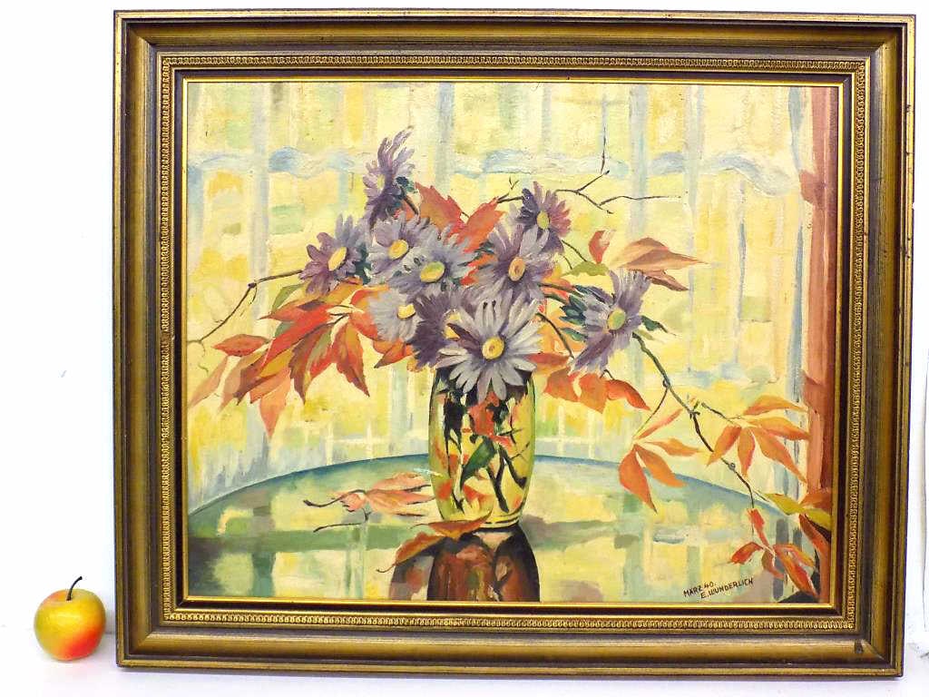 EDMUND WUNDERLICH - FLOWERS IN A VASE PAINTING: Edmund Wunderlich - Switzerland 1902-1985 - Abstract Flowers In a Vase Table Still Life Painting. Oil on Panel. Signed Marz (19) 40 E. Wunderlich. Fancy Gold Gilt Wood Frame with Ornate Border Measure