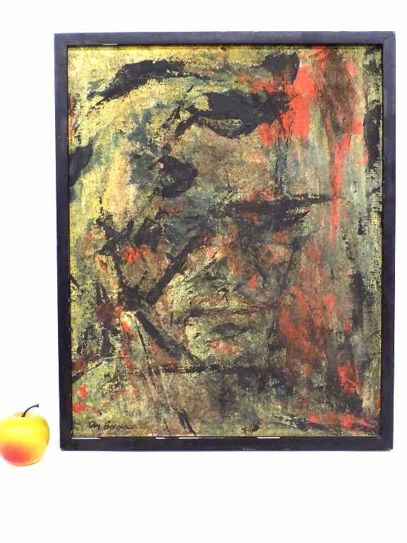 DM BOVIER - MIDCENTURY ABSTRACT MAN PAINTING: Dm Bovier 20th Century - Midcentury Abstract Expressionist Man Painting. Acrylic on Artist Board. Signed Lower Left. Black Painted Wood Frame Measures 17" x 1" x 21" From a Prominent New York Estate
