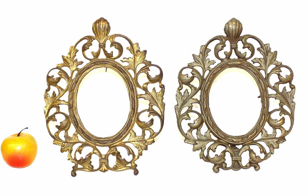 FANCY VICTORIAN BRONZED ACANTHUS PICTURE FRAMES: Fancy Victorian Gilt Bronzed Iron Picture Dresser Frames. Stylized Scrolled Acanthus Design with Swing Out Rear Leg (1 repaired) Approximately 11" x 1" x 8.50" 4 lbs