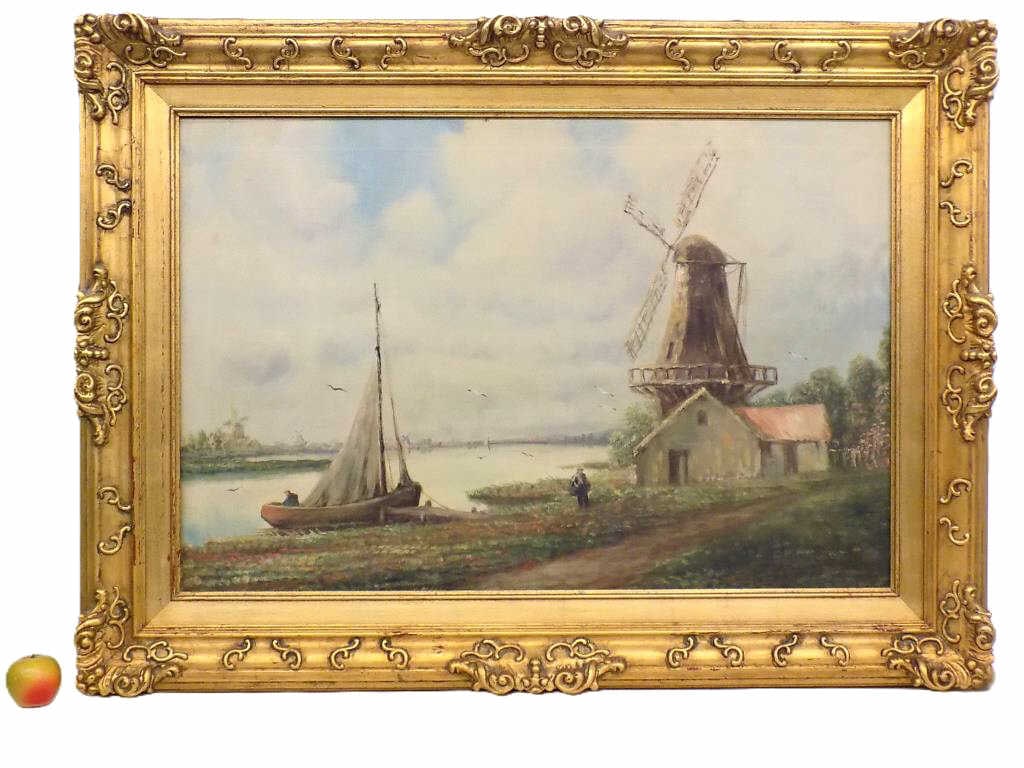 HUGE DUTCH LANDSCAPE PAINTING MANNER OF HOMER 33" x 45": Huge Late 19th / Early 20th Century Dutch Landscape Painting. Depicting Windmills, Boats and Fishermen By A River. In The Manner of Winslow Homer. Oil on Canvas. No Signature evident. Monumental Size