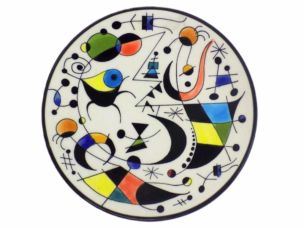 AFTER JOAN MIRO CERAMIC PAINTED ART PLATE: Vintage Ceramic Hand Painted Plate with Artwork After Joan Miro. Made in Spain by Ceramar. Height 1" x Diameter 7" 1 lb