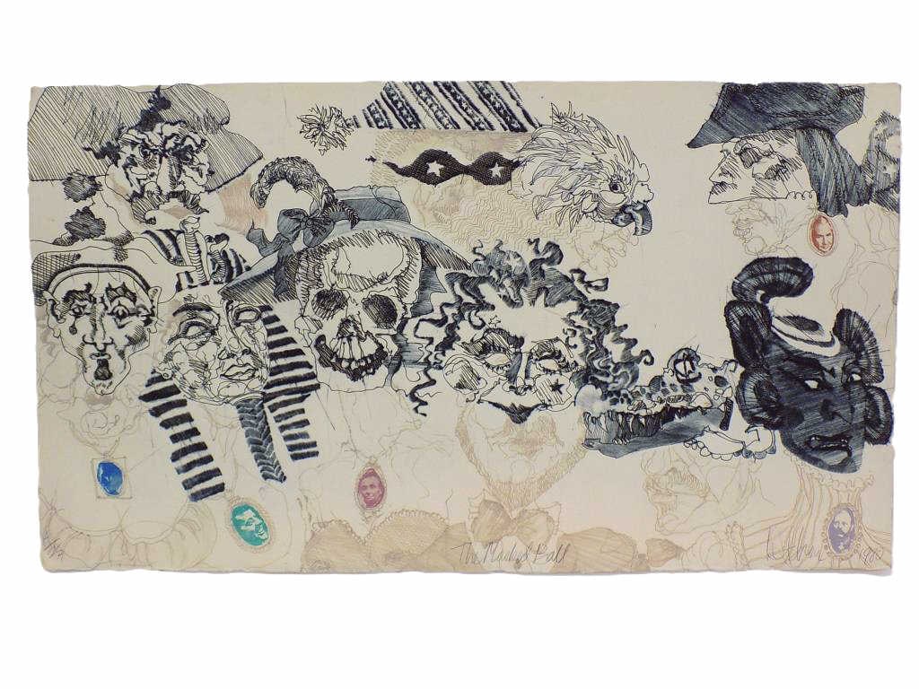 SURREALIST MASKED BALL SIGNED LITHOGRAPH: Surrealist Color Pop Art Lithograph Entitled The Masked Ball. In the Style of Dali with Images of Lincoln, John F. Kennedy, King Tut, Jester, Skull, Japanese Samurai, Eagle and Alligator Heads and
