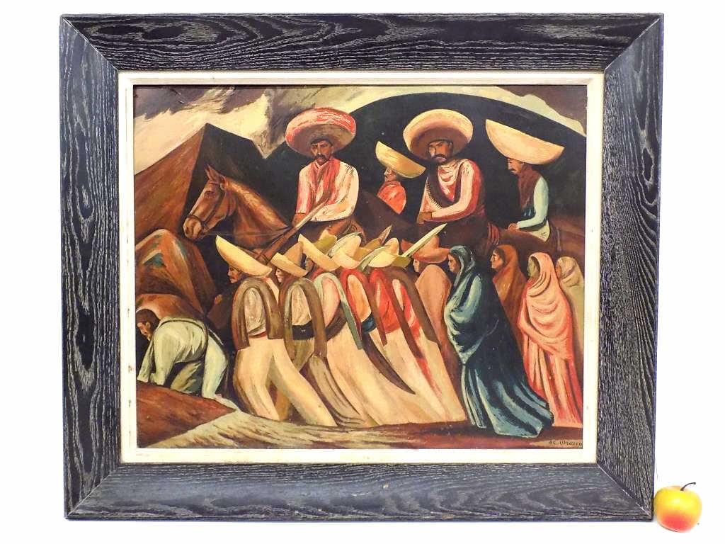 JC OROZCO - ZAPATISTAS MARCHING SCREEN PRINT: JC Orozco Mexican Latin American 1883-1949 - Large 1930's Color Screen or Pyroxylin Print. Entitled Zapatistas Marching. Signed Lower Right. Black Oak Frame Measurements: Height 30" x Width 2.50" x