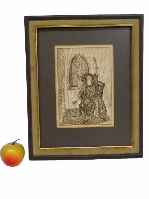 CARLA MARIS - SEATED LADY SIGNED ETCHING: Carla Maris - American 20th Century - Expressionist Etching of a Seated Lady. Artist Pencil Signature and Date 1966 Lower Margin. Quality Wood Frame with Gold Gilt and Linen Border. Height 16" x