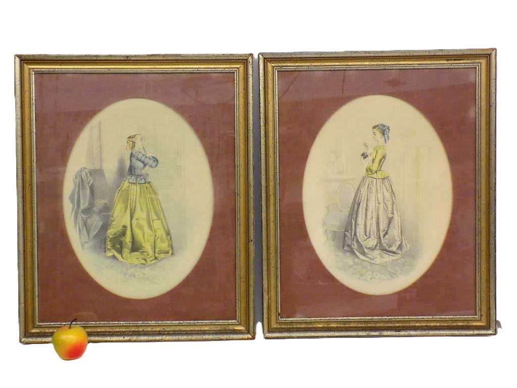 GOLD FRAMED VICTORIAN MAIDEN PRINTS: Antique Pair of Gold Framed Victorian Maiden Prints. Depicting Beautiful Ladies in Elegant Dress. 18.50" x 2" x 22.50" Pair weighs 9 lbs