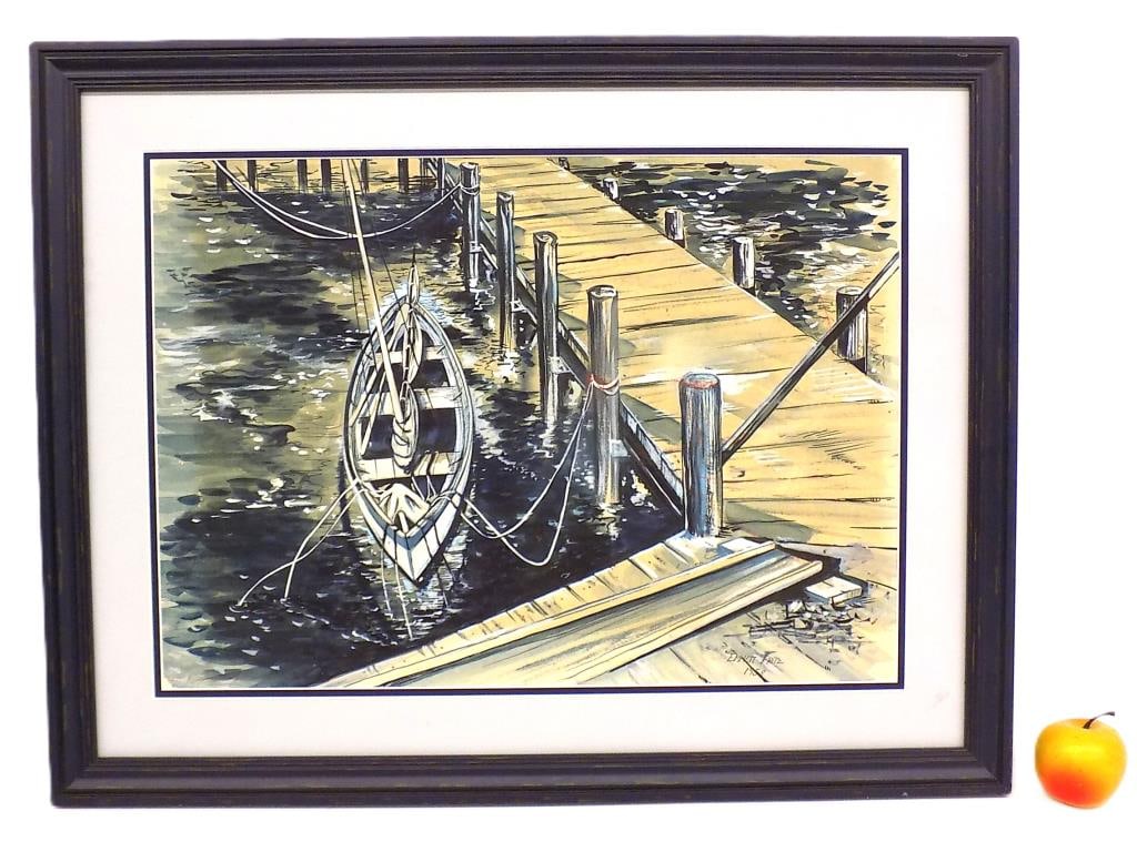 EMMETT FRITZ - BOAT AT HARBOR WATERCOLOR: Emmett Fritz - American 1917-1995 - Large Boat At Harbor Watercolor Painting. Signed and Dated 1958 Lower Right. Artist Photo Rear. Blue Frame Height 22.50" x Width 1" x Length 28.50" 8 lbs