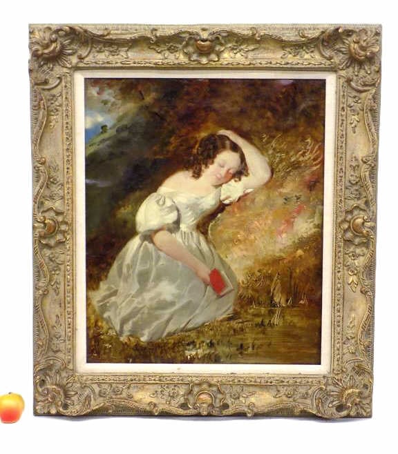 DAY DREAMS VICTORIAN MAIDEN PAINTING CHRISTIES: Charming 19th Century Painting. English School. Depicting a Young Victorian Maiden Dreaming with Book in Hand. Oil on Robersons Miller Prepared Canvas London. Marked From The Drummond Estate.Christie'