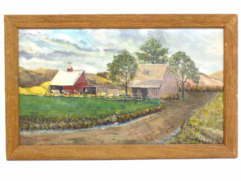 AMERICAN COUNTRY FARM PAINTING SIGNED E.R.: E.R. American 20th Century. Country Farm Landscape Painting. Oil on Masonite. Signed E.R. Lower Right. Barn Wood Frame Height 14" x Width 1" x Length 23" 4 lbs