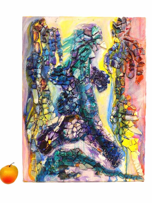 MIDCENTURY MODERN MIXED MEDIA PAINTING: Midcentury Modern Mixed Media Painting. Multi Color Acrylic Paint and Ceramic Shards Depicting Abstract Figures. 18" x 24" From A Prominent New York City Estate