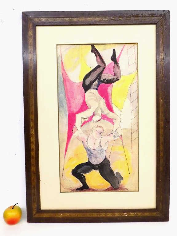 BIG MIDCENTURY CIRCUS ACROBATS WATERCOLOR SIGNED: American Mid 20th Century. Big Circus Acrobats Watercolor Painting on Paper. Vibrant Color. Signed Illegibly Lower Left. 21.50" x 31.50" Wood Frame Measurement. In The Manner of Everitt Shinn From A