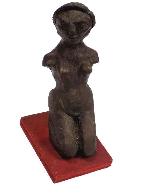 KAREL CHRISTIAAN APPEL ABSTRACT CERAMIC SCULPTURE: Karel Christiaan Appel - New York France Italy 1921-2006 - Abstract Nude Bronzed Ceramic Sculpted Figure. Artist has Attached and Painted Base in Red Paint. Signed and Dated 1965. Total Height 9.50"