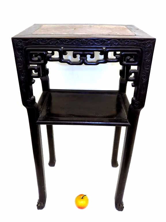 19TH CENTURY CHINESE HONG MU MARBLETOP STAND: 19th Century Qing Chinese Pink Marble Top Stand. Detailed Carved Hong mu Wood With Floral Motifs and Paw Feet. Inner Shelf. Height 32" x Width 6.50" x Length 12"