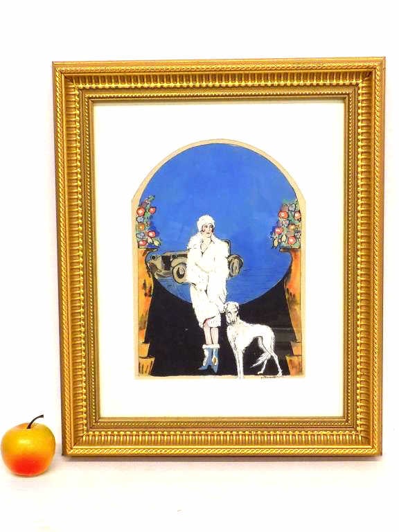 BRITZELL - WEALTHY LADY WITH DOG WATERCOLOR: M. Egner Britzell - American 1930's Art Deco Style Watercolor Gouache of a Wealthy Lady with Her Dog. Signed Lower Margin. Fancy Gold Gilt Deco Frame. 16.50" x 20" From A Prominent New York Estate