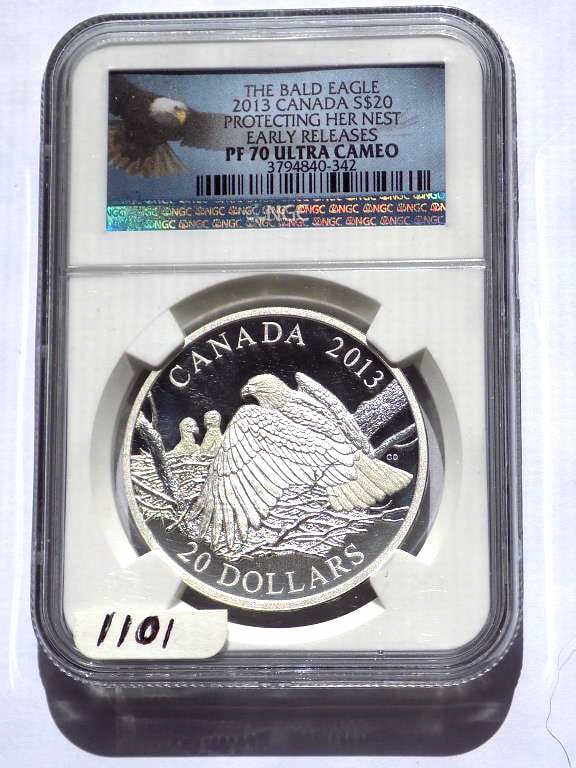 CANADA 2013 $20 BALD EAGLE ULTRA CAMEO NGC PF 70: Canadian Mint 2013 Early Release $20 Twenty Dollar Bald Eagle Protecting Her Nest Version Ultra Cameo Silver Coin. 1 Oz Fine Silver. Elizabeth II Reverse. NGC Sealed & Graded PF 70 Ultra Cameo