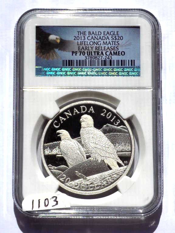CANADA 2013 $20 BALD EAGLE ULTRA CAMEO NGC PF 70: Canadian Mint 2013 Early Release $20 Twenty Dollar Bald Eagle Lifelong Mates Version Ultra Cameo Silver Coin. 1 Oz Fine Silver. Elizabeth II Reverse. NGC Sealed & Graded PF 70 Ultra Cameo. Lettered