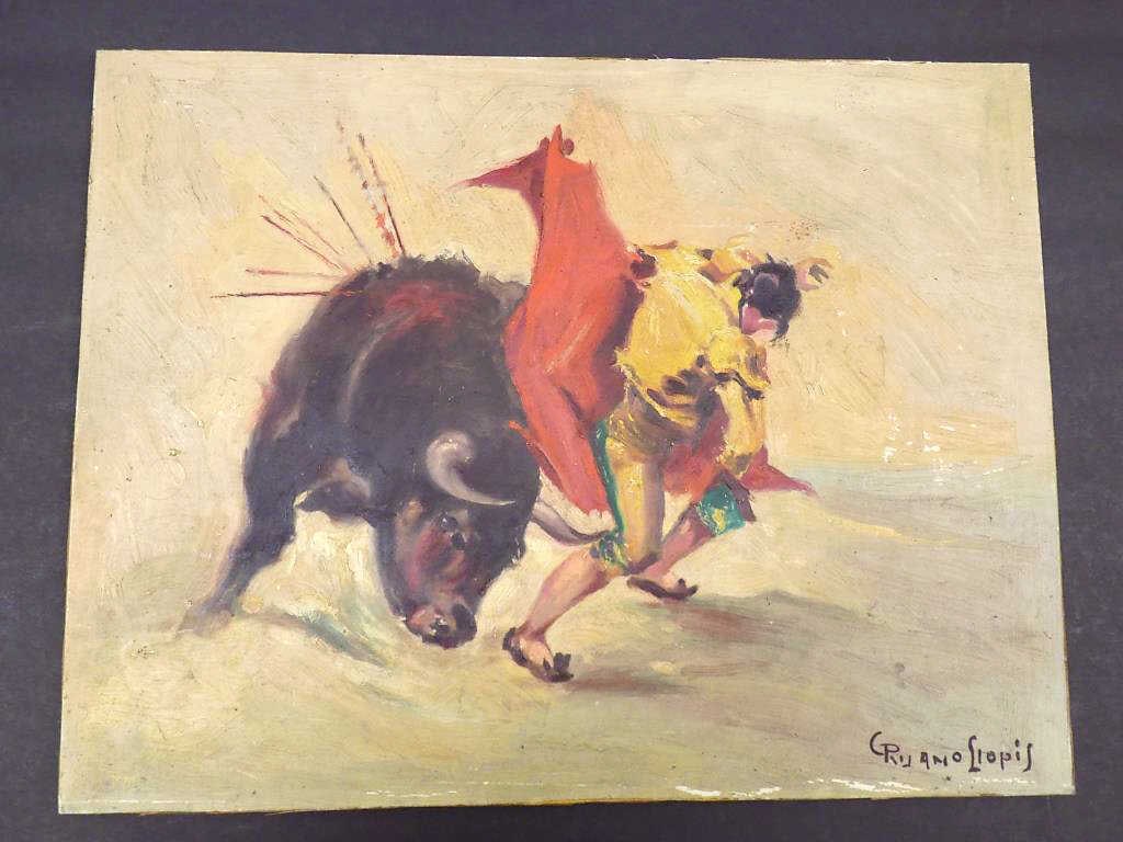CARLO RUANO LLOPIS - EL MATADOR PAINTING: Carlo Ruano Llopis - Spanish Latin American - 1879-1950 - Original Painting of El Matador Bull Fighting. Oil on Wood Panel. Signed Lower Right. 13.50" x 17.50" Provenance: Prominent New York Estate